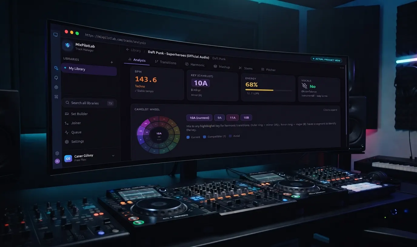 A DJ controller in a studio with a waveform, Camelot wheel, and transition-scoring analysis screen in the background